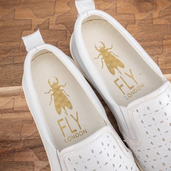 FLY London Slip On Shoes Women's 8-8.5 (39) White Leather Perforated Loafers - Picture 6 of 7